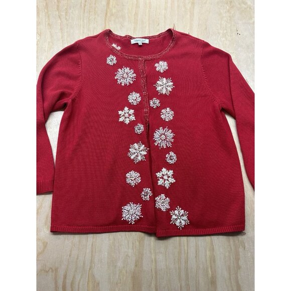 Coldwater Creek Christmas Holiday Sweater 2X Embroidery Sequin Snow Red Cardigan - Picture 1 of 8